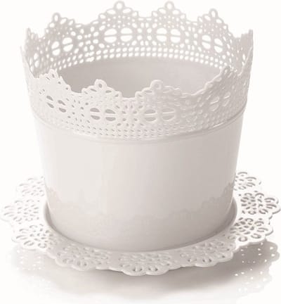 4st Sierlijke bloempotjes met kanteffect witte sierpot 14cm + gratis schaal