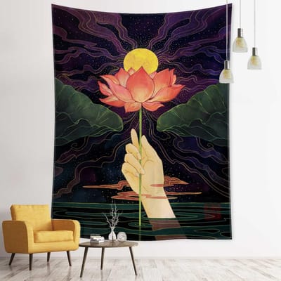 Bergamot Lotus Wandkleed Muurhanger Olieverf Illustratie Boheemse Stijl Esthetiek Kamer Huis Decor 95x70cm black
