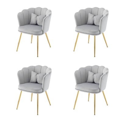 YEHTOKHOME Velvet Eetkamerstoelen set van 4 met armleuning, Bureaustoel, Make-upstoel, Ergonomisch, Fauteuil, Fluwelen stoel met bloemblad-rugleuning, Vergulde metalen poten, Vlinderkussens, Grijs