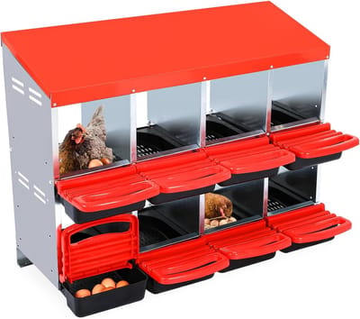 HoerFuriy Kippenlegkast - 8 Vakken - Legnest met Wegrolsysteem - Gegalvaniseerd Staal - Inclusief Uitneembare Trays - Voor Kippenhok - 107x52x79CM - Rood