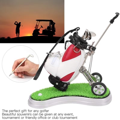 Dailygoods- Golfpennenzakhouder met 3 balpennen - Lichtmetalen golfpenzak - Elektronische klok - Duurzaam PU-leer - Ideaal bureauaccessoire - Afmetingen 20,5x10x13 cm - Golfpen