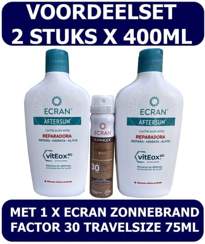 Ecran Aftersun uit Spanje - Voordeelset met 2 x 400ml Ecran Aftersun & 1 x Ecran Zonnebrand Factor 30 Spray 75ml