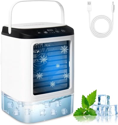 4 in 1 Mini Aircooler met Water - Mobiele Airco Zonder Afvoerslang – Tafelventilator - Mini Airco - Draagbare Airco - Mobiele Airco - 3 Snelheden en 2 Koelniveaus - 900 ml en 90 Graden Oscillatie - Stille Mobiele Airconditioner Voor Camping, Kantoor
