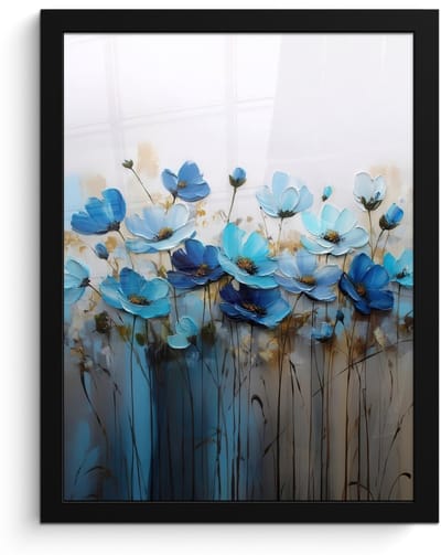 Poster in lijst - Fotolijst 30x40 cm - Posters - Bloemen - Schilderij - Blauw - Posterlijst zwart - Decoratie - Wanddecoratie woonkamer - Muurdecoratie slaapkamer