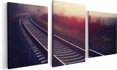 Artaza Canvas Schilderij Drieluik Spoorweg Rails Tijdens De Herfst Met Mist - 120x60 - Foto Op Canvas - Canvas Print