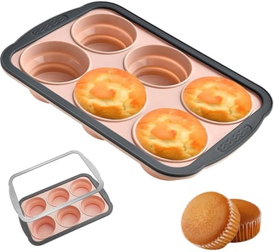 Muffinvorm Silicone met Metalen Versterkte Rand, 6 Cups Standaardformaat Muffinvorm, Opvouwbaar en Gemakkelijk te Verwijderen Muffinvorm voor Oven Vaatwasmachinebestendig