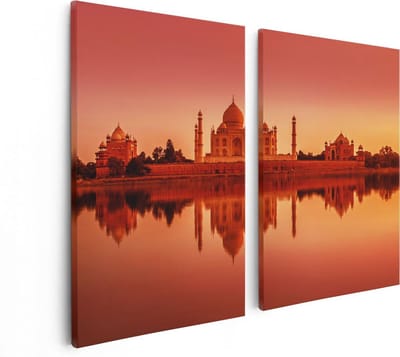 Artaza Canvas Schilderij Tweeluik Taj Mahal bij Zonsondergang - 80x60 - Foto Op Canvas - Canvas Print