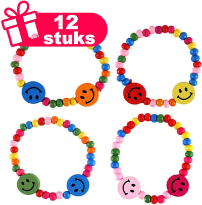 Henbrandt - 12 Stuks Vrolijke Houten Smiley Armbanden - Armbandjes - Traktatie uitdeelcadeautjes voor kinderen & peuters - Traktaties en kinderverjaardagen - Klein grabbelton speelgoed voor in traktatie uitdeelzakjes