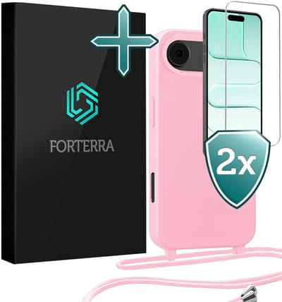 Hoesje Geschikt voor iPhone Air Case Siliconen Hoes Met Koord Met 2x Screenprotector - Hoes Geschikt voor iPhone Air Met Telefoonkoord Hoesje Backcover - Lichtroze