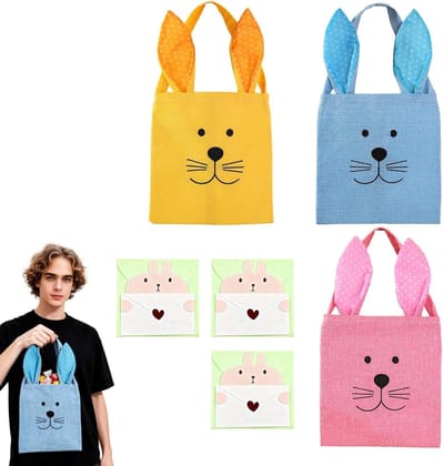 Kleurige Paaszakjes voor Kinderen - 3 Stuks Canvas Handtassen met Konijnenoren, Perfect voor Paaseieren, Snoep en Feestgeschenken