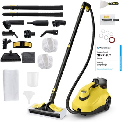 COSTWAY Stoomreiniger 2000 W, stoomdruk: 5 bar, tank: 1,8 l, temperatuur: tot 160 ℃, stoomreiniger bodem met 29 accessoires en rollen, incl. 5 m netsnoer (geel)