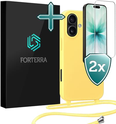 Hoesje Geschikt voor iPhone 17 Case Siliconen Hoes Met Koord Met 2x Screenprotector - Hoes Geschikt voor iPhone 17 Met Telefoonkoord Hoesje Backcover - Geel