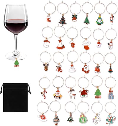 Kersthangertjes voor Wijnglazen - Set van 30 Stuks met Fluwelen Tas voor Glazen Identificatie en Feestdecoratie