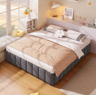 Gestoffeerd bed, 140*200 cm, hydraulische vering, hoofdbord en matras niet inbegrepen, grijs.