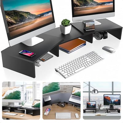Cheqo® Dubbele Monitorverhoger - Monitor Verhoger - Laptop Standaard - Laptopverhoger - Bureau Organizer voor Twee Schermen - MDF Zwart - Met Kabelmanagement