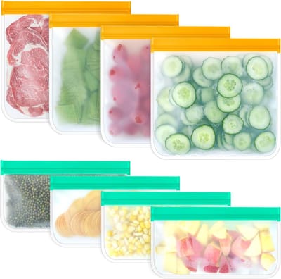 8 Herbruikbare Siliconen Diepvrieszakken - 4 Stuks 26×20 Cm + 4 Stuks 21,5×12 Cm - Lekvrij en Luchtverdicht voor Diepvries, Koelkast of Picknick - Geschikt voor Voedselopslag Thuis, op Werk of Onderweg - Mat en Semi-transparant