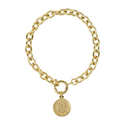 My Bendel - Goudkleurige Schakelarmband met Munt Bedel - Goudkleurige Schakelarmband met Munt Hanger - met Luxe Cadeauverpakking | Sieraden Voor Dames