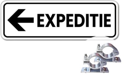 Bord expeditie pijl links - Weerbestendig Aluminium - 40x15 cm - Bevestiging: Met paalbeugels Ø48mm