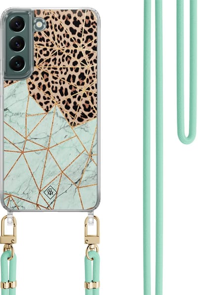 Casimoda® hoesje met mintgroen koord - Geschikt voor Samsung S22 Plus - Luipaard Marmer Mint - Afneembaar koord - TPU/polycarbonaat - Mint