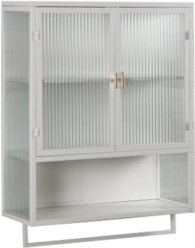 Moderne wandkast met glazen deuren van 60 cm met twee deuren, twee gesloten opbergvakken, een open plank en een handdoekenrek, voor hal, woonkamer, badkamer, eetkamer, wit