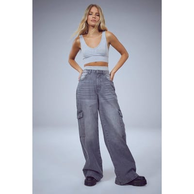 boohoo Dames De wijde pijp cargo jeans | Mid Grey | Maat: 8