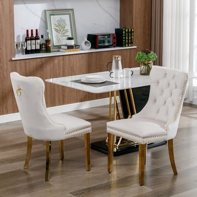 BLACKCOLORS Moderne hoogwaardige eigentijdse eetkamerstoel van gestoffeerd fluweel met massief houten poten met verguld roestvrijstalen afwerking, spijkerstof, set van 2, beige en goud, DE1601BG