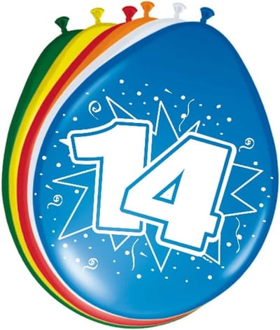 14 jaar verjaardag leeftijd ballonnen - 8x stuks - mix kleuren - feestartikelen/versiering