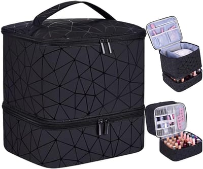 KZQ Nagellak Organizer - Dubbellaags ontwerp met grote capaciteit, biedt ruimte aan maximaal 30 flesjes nagellak en een nagellaklamp - Gemaakt van PU-leer - Geschikt voor thuis, nagelsalons en op reis - Afmetingen: 24 x 20,5 x 24 cm - Zwart