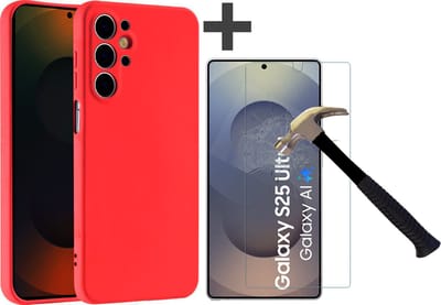 Hoesje geschikt voor Samsung Galaxy S25 Ultra hoesje zacht siliconen met gehard glas Screenprotector- Arara backcover - Rood