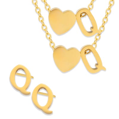 Initiaal Ketting & Armband & Oorbellen set met Letter Q Goudkleurig - Stainless Steel - Met letter & Hartje! - 3x Sieraden Cadeau - Pax Amare
