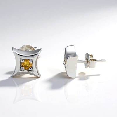 Cavill - Zilveren Oorbellen - 925 Sterling Zilver Platina Gecoat - Gele I3 Diamanten Pavé Ronde Briljant 0.176 ct - Luxe Elegante Vierkante Oorstekers
