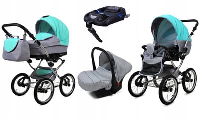 BabyLux® Kinderwagen 4in1 – MARGARET EXCLUSIVE - MINT - Opklapbare Wandelwagen incl. Reiswieg, Multifunctionele Buggy Sportstoel, Autostoel, ISOFIX basisstation - Combi-kinderwagen met Luiertas, Regenhoes, Klamboe