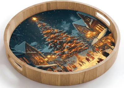 Dienblad rond 40x40 cm - Schootdienblad hout - Kerstfeest - Dorp - Donker - Borrelplank rechthoek - Plateau houten dienbladen