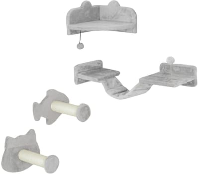 Merax Katzentrap Set – 4 delige Klimwand voor Katten – Wandmeubel met Sisal Stappen en Platformen – Lichtgrijs Creme