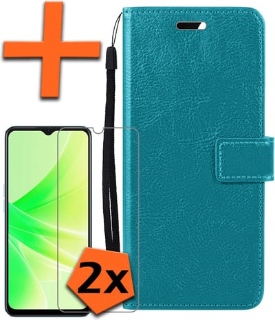 Hoes - Met 2x Screenprotector - Geschikt voor OPPO A17 - Luxe Pasjeshouder - Bookcase Portemonee - Flip Case - Kunstleer Book Case - Flipcase Hoes - Book Cover - Walletcase - PortemonneeHoes - Turquoise
