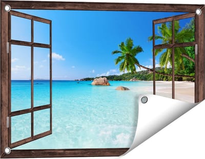 Gards Tuinposter Doorkijk Tropisch Strand en Zee - 60x40 cm - Tuindoek - Tuindecoratie - Wanddecoratie buiten - Tuinschilderij