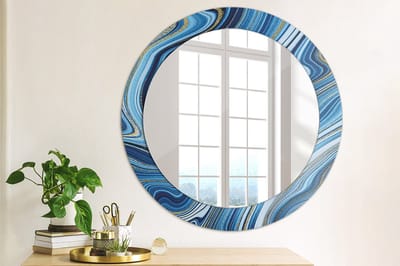 Wallfluent Bedrukte Ronde Spiegel - Ronde Wandspiegel Met Print Marmeren Rivier - 70 cm / 56 cm - Gouden - Gouden Ronde Wandspiegel Decoratieve Print - Inloopkastspiegel - Badkamerspiegel - Toiletspiegel - Spiegelmontageset