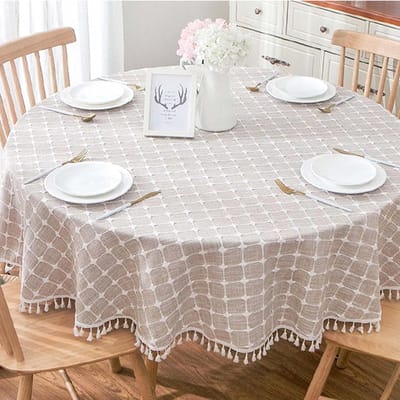 Rond tafelkleed - Linnen look - Eettafel decoreren - Met kwastjes - 180 cm - Blauw