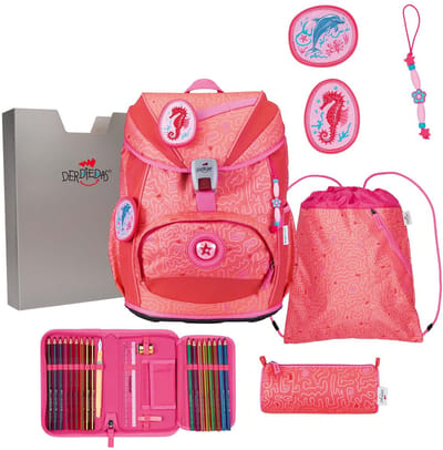 DerDieDas schooltas ErgoFlex Light Superflash Set 6-delig Coral Reef zalmroze