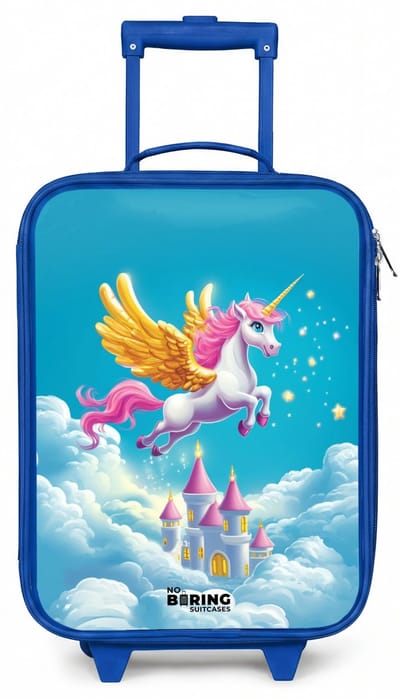 NoBoringSuitcases.com® - Kinderkoffer blauw - Kindertrolley jongen - Vliegende eenhoorn met gouden vleugels boven kasteel - Koffer kind lichtgewicht - Reiskoffer trolley voor kinderen - Koffertje met lichtgevende wieltjes - Rolkoffer