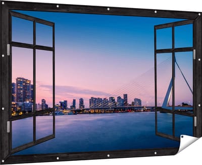 Gards Tuinposter Doorkijk Erasmusbrug in Rotterdam met Zonsondergang - 180x120 cm - Tuindoek - Tuindecoratie - Wanddecoratie buiten - Tuinschilderij
