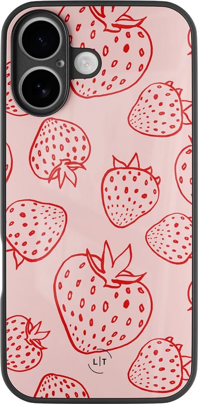 Hoesje geschikt voor iPhone 17 - Aardbei - Luxe Glazen Hardcase - Hippe print - Roze - Leuke Telefoonhoesjes