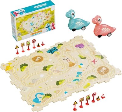 Puzzel Racebaan Auto - Dinosaurus Speelgoed - Creatief Spelen - Gladde Veiligheidranden - 22 x 16 x 6 cm - Multicolor