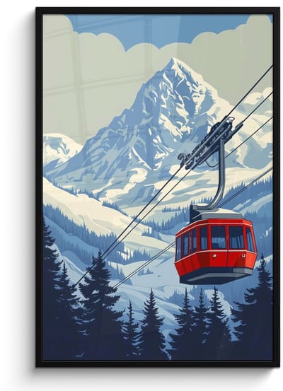 Poster in lijst - Fotolijst 80x120 cm - Posters - Kabelbaan - Sneeuw - Berglandschap - Posterlijst zwart - Decoratie - Wanddecoratie woonkamer - Muurdecoratie slaapkamer