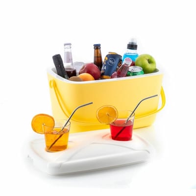 Koelbox - Frigobox - Retro - Picknick - 15 Liter - met Hendel en Deksel die als Dienblad gebruikt kan worden voor hapjes en 2 Bekerhouders