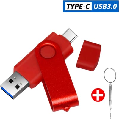 USB-C & USB-A Flash Drive 16GB– USB Stick Type-C – USB 3.0 Hoge Snelheid Geheugenstick – 2-in-1 USB Stick voor Telefoon, Laptop & PC – 360° Draaibaar – Rood