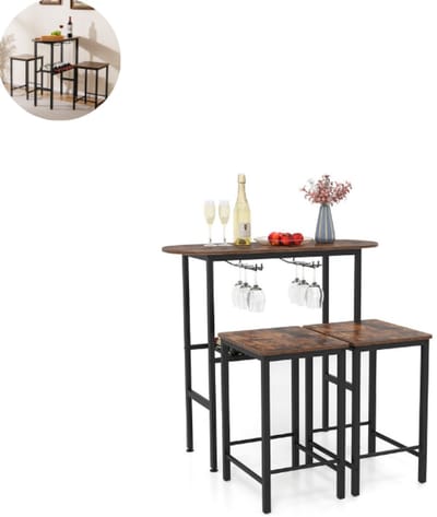 Bartafel keuken - Bartafel Set - Barkruk - Barstoel - Keukenstoel - Voetsteun - Rustiek bruin + zwart