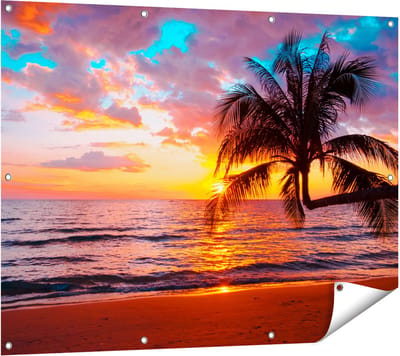 Gards Tuinposter Tropisch Strand tijdens Zonsondergang - 120x90 cm - Tuindoek - Tuindecoratie - Wanddecoratie buiten - Tuinschilderij