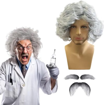 Grijze Baard en Perukenset voor Mannen - Wetenschapper Kostuum, Professor Outfit en Halloween Cosplay Accessoires (3 Stuks)