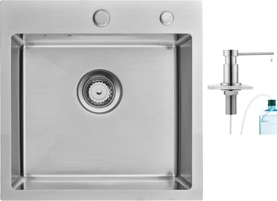Auralum max Spoelbak Met Kraangat - Spoelbak Keuken Met Zeepdispenser - Spoelbakken Keuken - Keuken Gootsteen 45 x 45 cm - Keuken Gootsteen met Sifon en Afvoerzeefje - Zilver